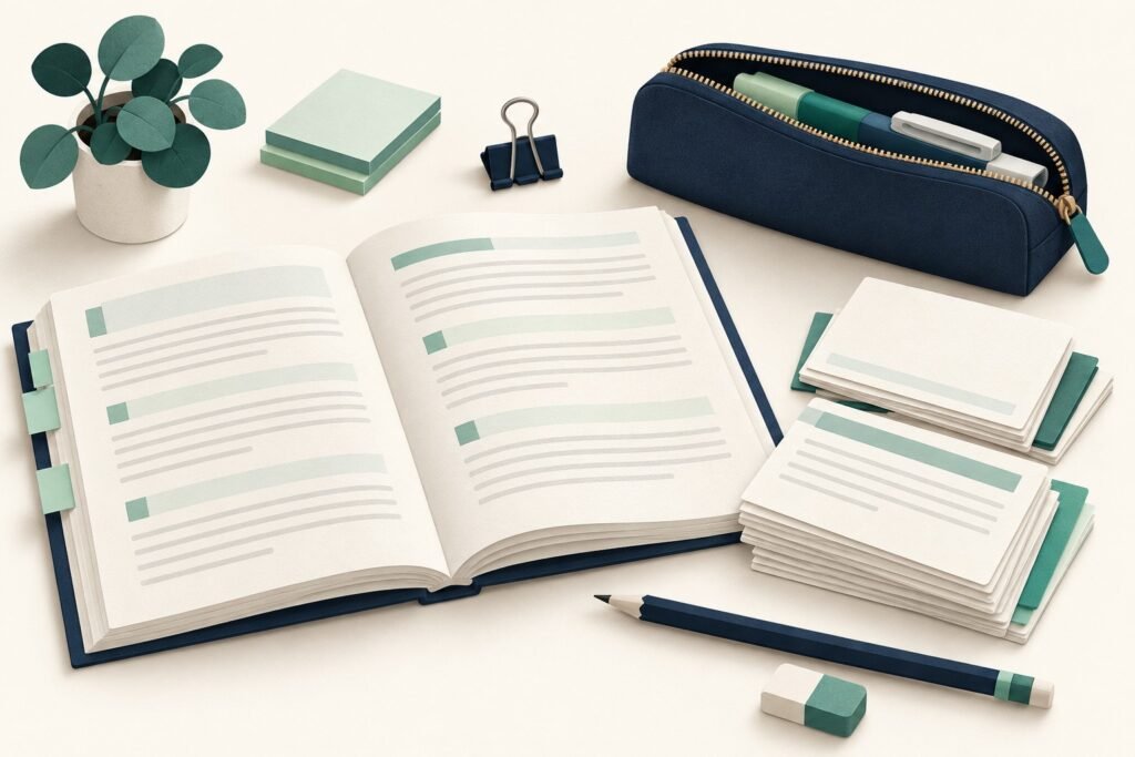 Paper-cut study illustration accompanying How to Review a Mock Exam Before Starting Another Paper