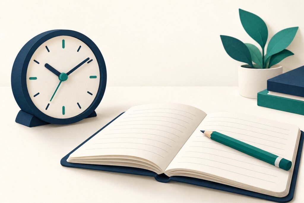 Paper-cut study illustration accompanying How to Practise Exam Timing Without Rushing Every Answer