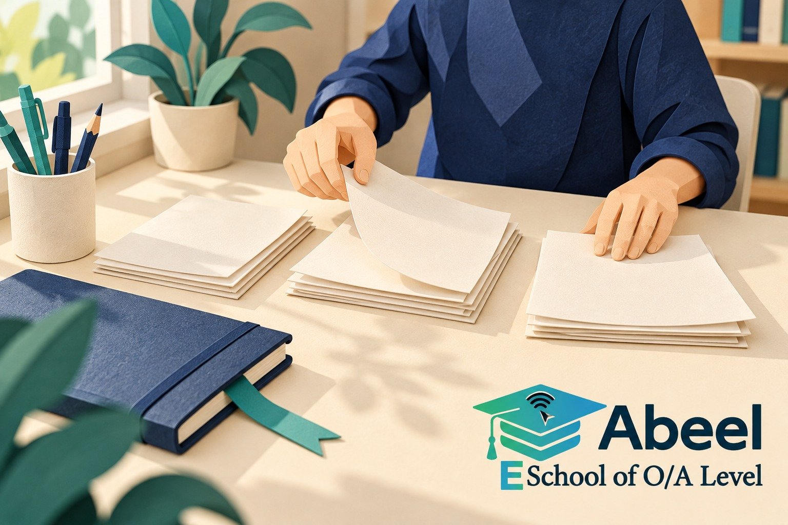 Paper-cut study illustration accompanying How to Plan a Mixed A Level Practice Set Around Three Different Skills