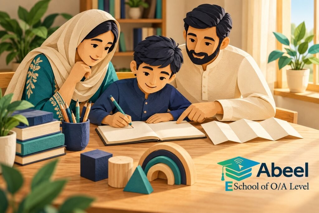 Paper-cut study illustration accompanying O and A Level Study in Umerkot: Connect Foundation Repairs to Current Lessons