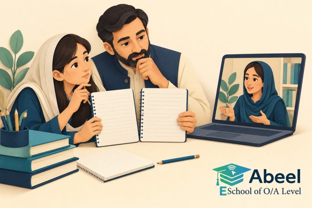 Paper-cut study illustration accompanying O and A Level Study in Sialkot: Ask What a Progress Number Is Being Compared With