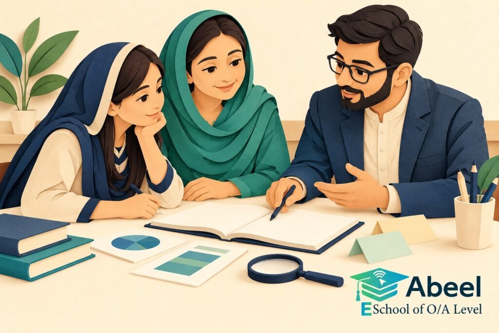 Paper-cut study illustration accompanying O and A Level Study in Bahawalpur: Read the Chart Before Comparing the Bars