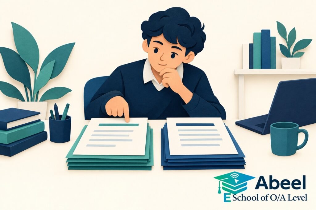 Paper-cut study illustration accompanying O and A Level Study in Kamoke: Turn a Calculation into a Supported Comparison