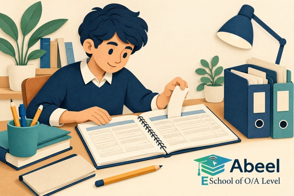 Paper-cut study illustration accompanying O and A Level Study in Hafizabad: Make Every Financial Statement Figure Traceable