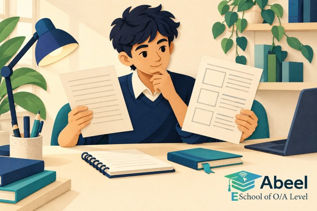Paper-cut study illustration accompanying O and A Level Study in Sadiqabad: Check Whether a Method Transfers to a New Question