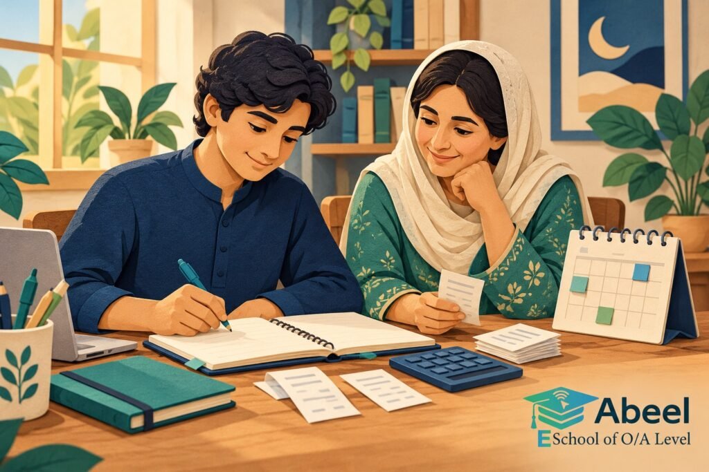 Paper-cut study illustration accompanying Online O and A Level classes in Chishtian: Place Cash Receipts in the Correct Month