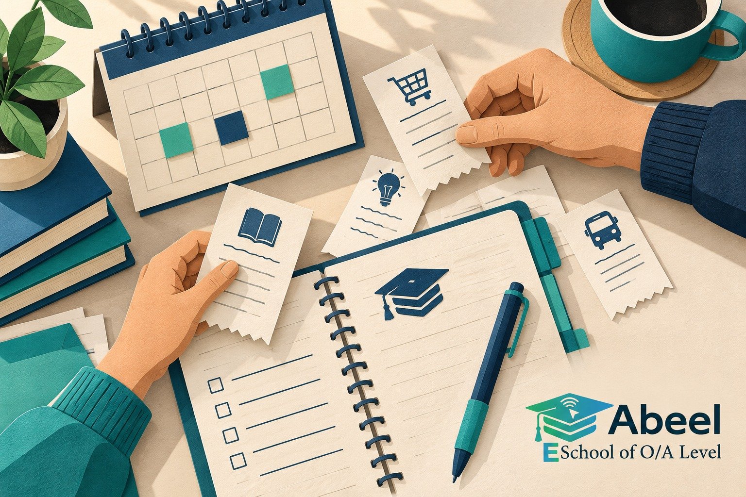 Paper-cut study illustration accompanying Online O and A Level classes in Chishtian: Place Cash Receipts in the Correct Month