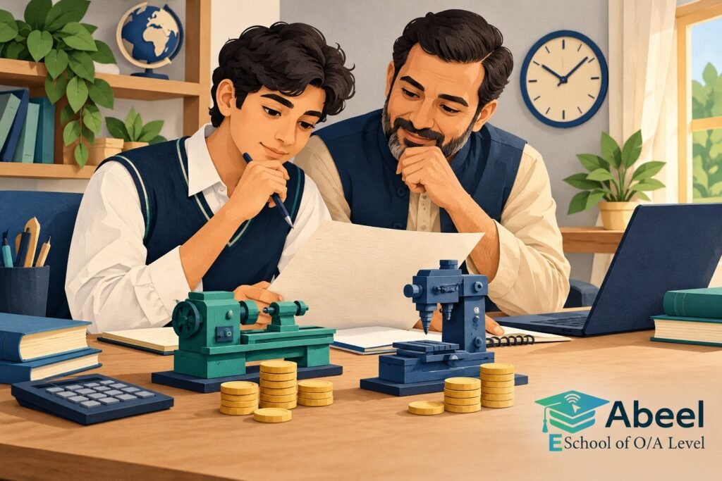Paper-cut study illustration accompanying Online O and A Level classes in Jhelum: Connect Investment Calculations with Cash Timing