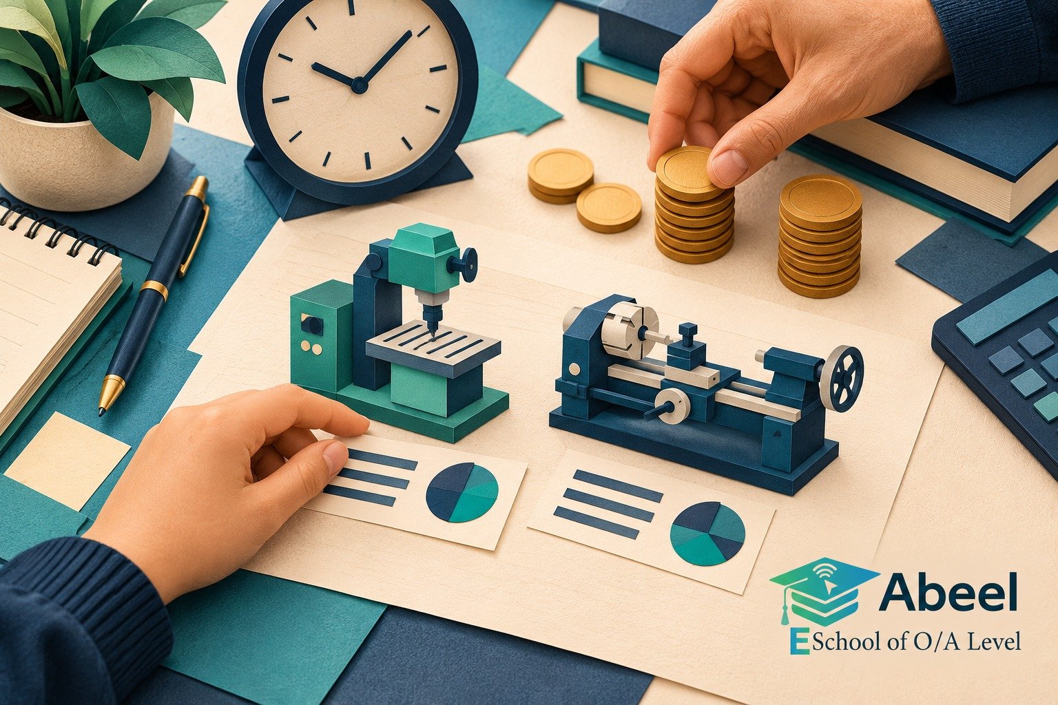 Paper-cut study illustration accompanying Online O and A Level classes in Jhelum: Connect Investment Calculations with Cash Timing
