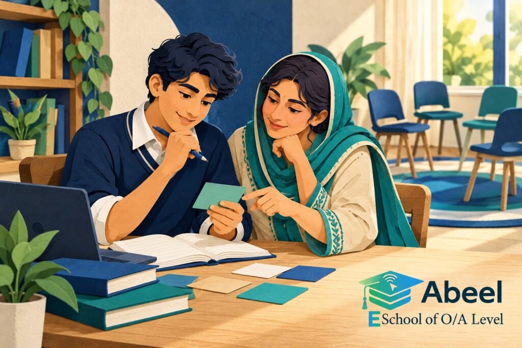 Paper-cut study illustration accompanying Online O and A Level classes in Mianwali: Show How a Sociological Concept Operates
