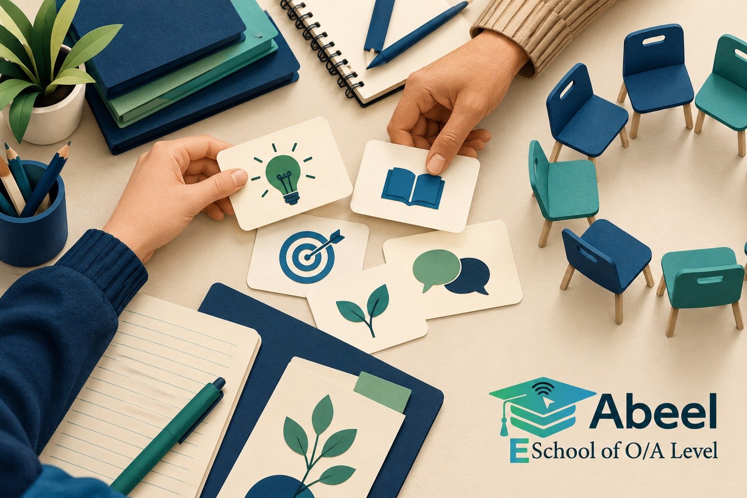 Paper-cut study illustration accompanying Online O and A Level classes in Mianwali: Show How a Sociological Concept Operates