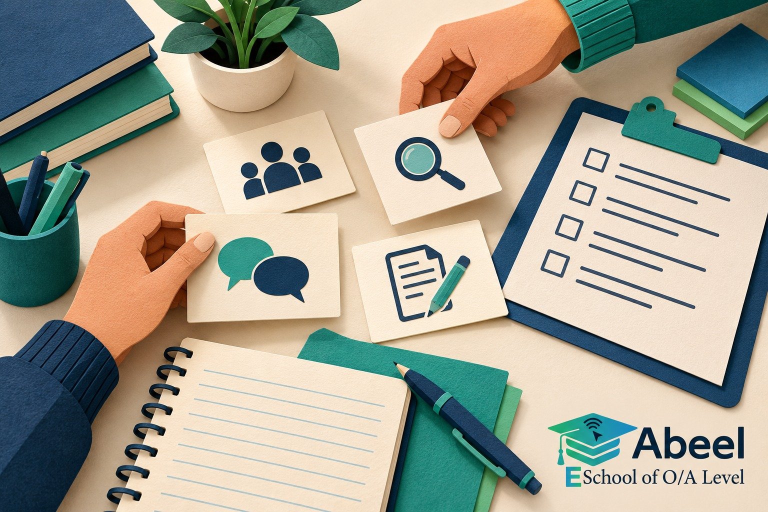 Paper-cut study illustration accompanying Online O and A Level classes in Bhakkar: Choose a Research Method for the Actual Aim