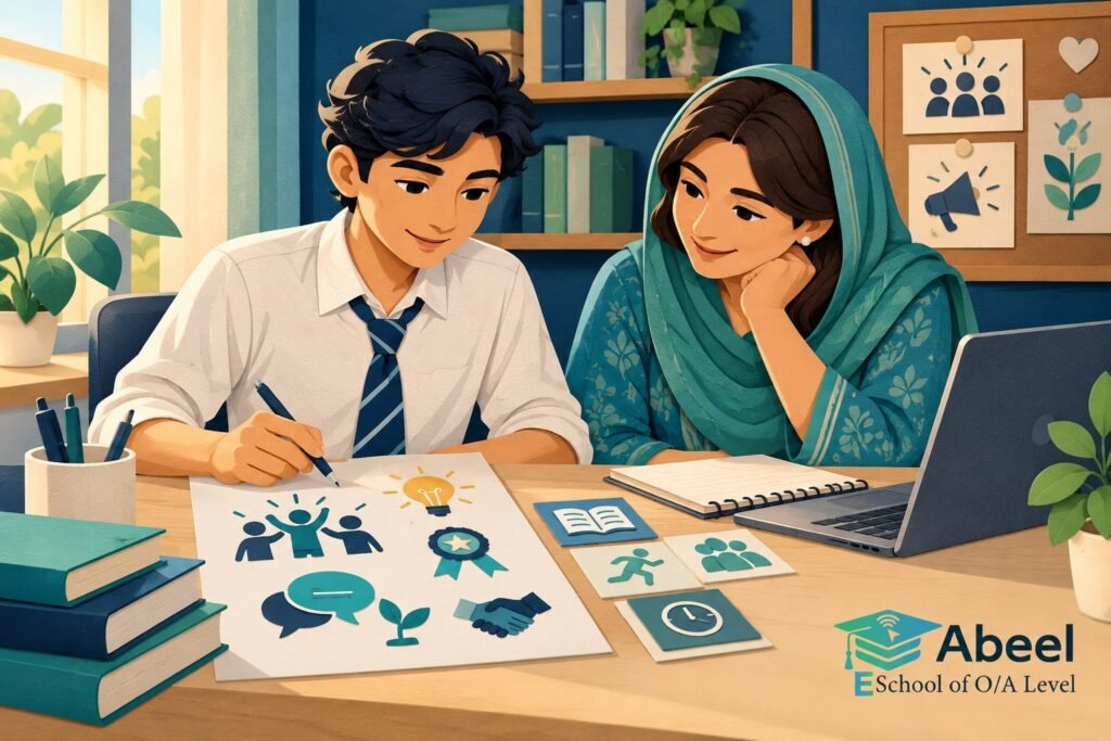 Paper-cut study illustration accompanying Online O and A Level classes in Lodhran: Link Agents, Mechanisms and Learned Behaviour