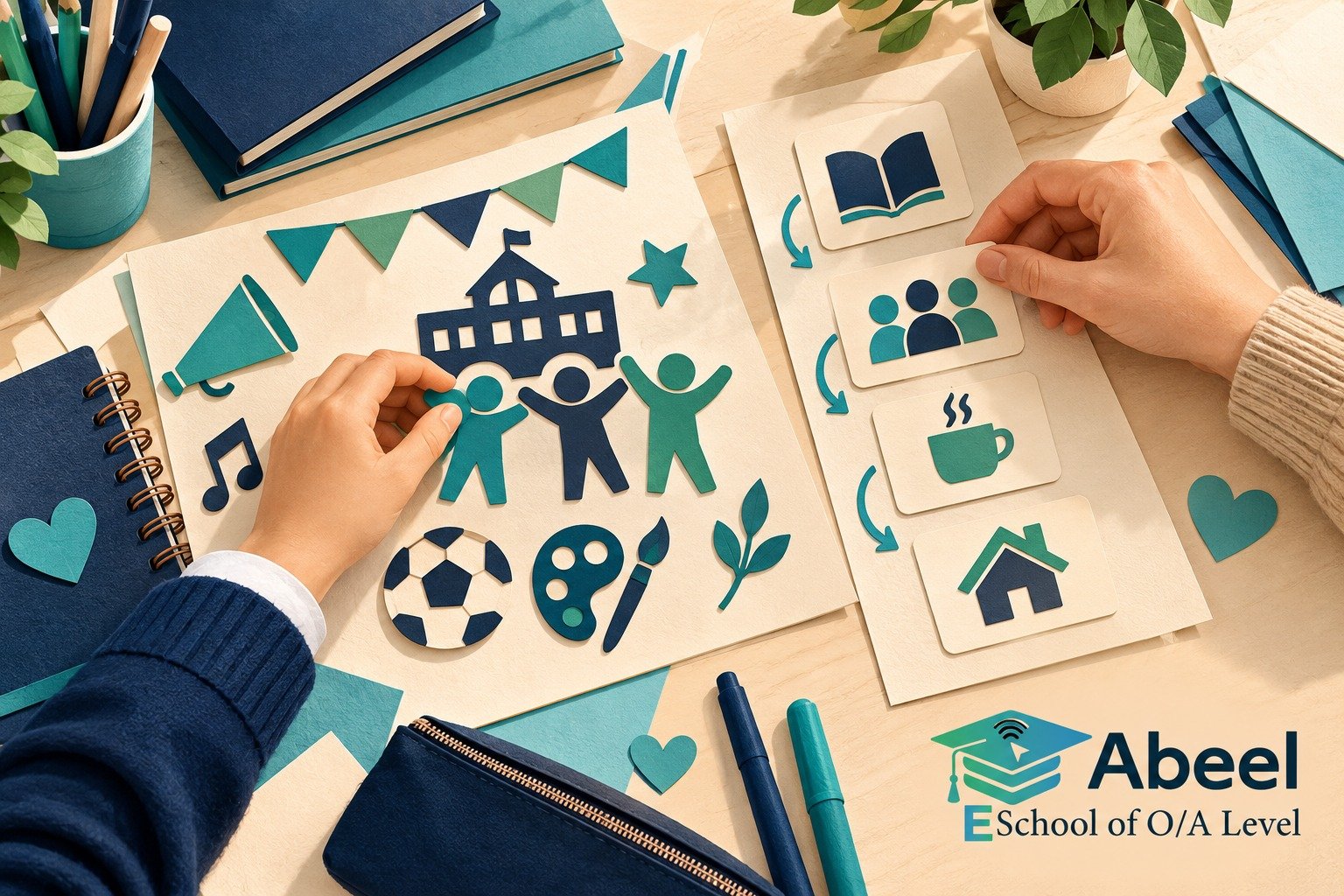 Paper-cut study illustration accompanying Online O and A Level classes in Lodhran: Link Agents, Mechanisms and Learned Behaviour