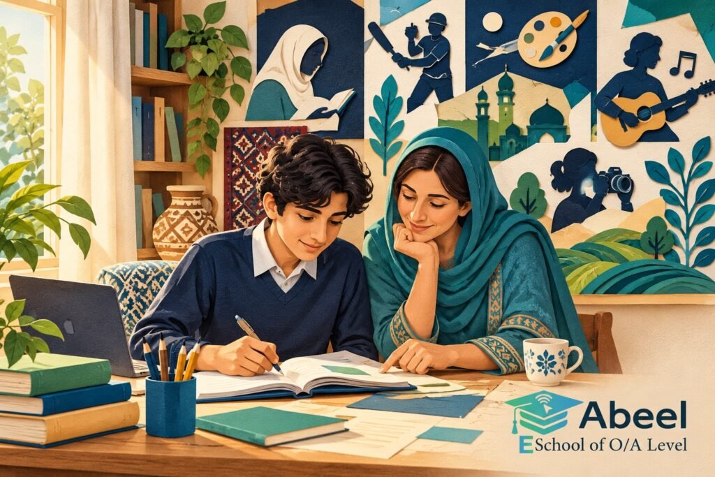 Paper-cut study illustration accompanying Online O and A Level classes in Vehari: Explain Shared Culture and Individual Variation