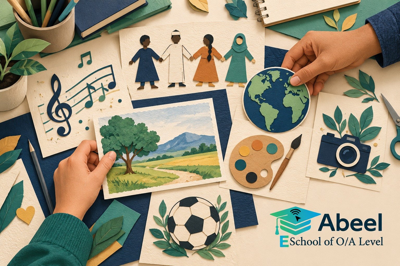 Paper-cut study illustration accompanying Online O and A Level classes in Vehari: Explain Shared Culture and Individual Variation