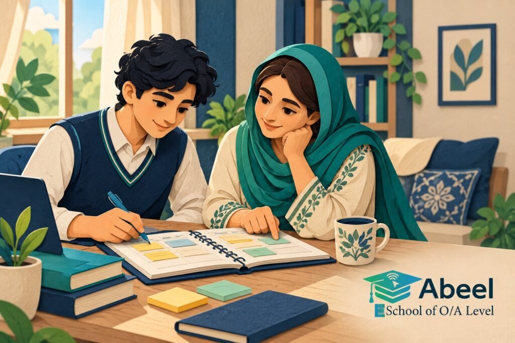 Paper-cut study illustration accompanying Online O and A Level classes in Pakpattan: Keep the Family Question Constant Across Perspectives