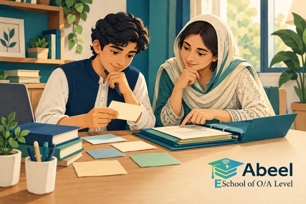 Paper-cut study illustration accompanying Online O and A Level classes in Narowal: Make the Conclusion Fit the Sample and Measure