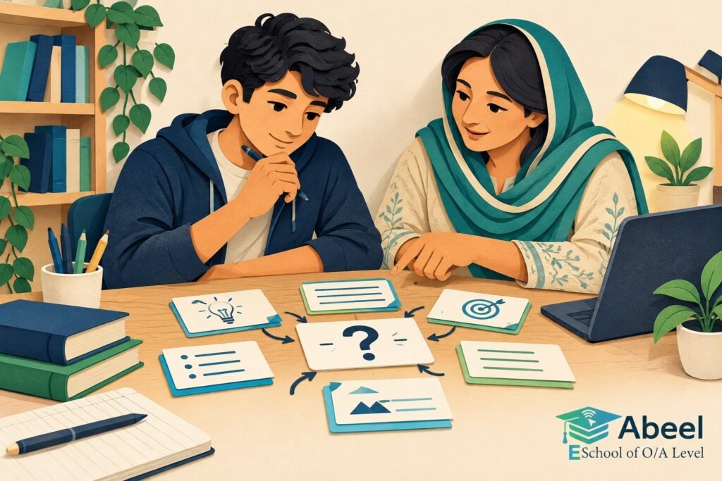 Paper-cut study illustration accompanying Online O and A Level classes in Nankana Sahib: Give Every Planned Paragraph a Job