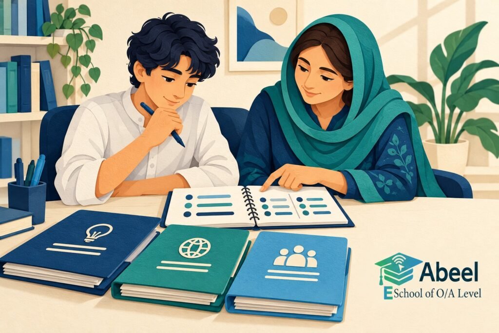 Paper-cut study illustration accompanying Online O and A Level classes in Toba Tek Singh: Retrieve a Perspective Before Comparing It