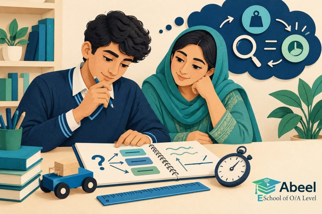 Paper-cut study illustration accompanying Online O and A Level classes in Gojra: Choose an Equation from the Physical Situation