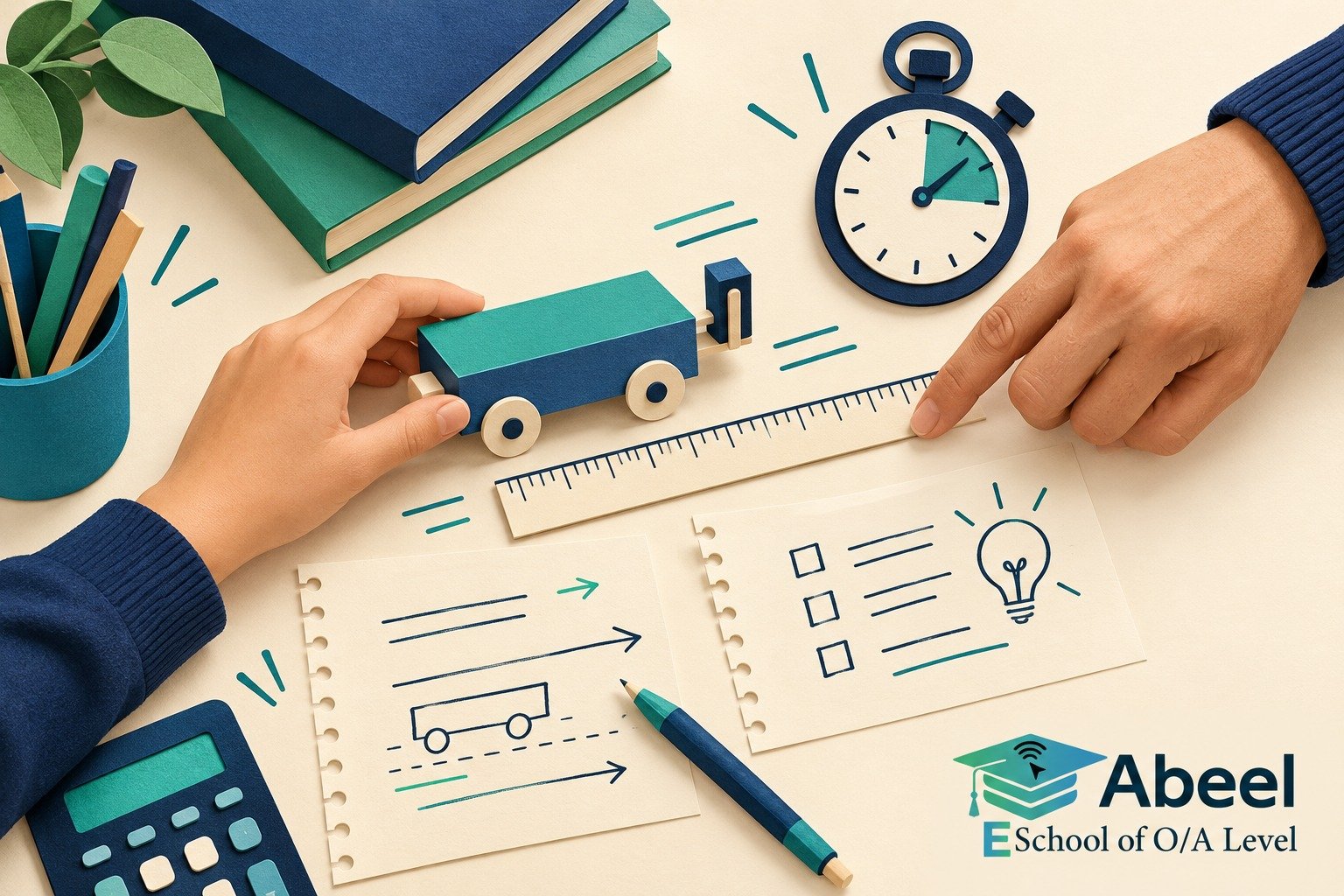Paper-cut study illustration accompanying Online O and A Level classes in Gojra: Choose an Equation from the Physical Situation