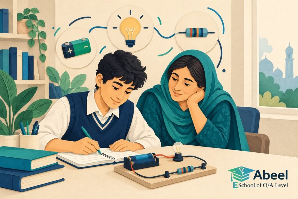 Paper-cut study illustration accompanying Online O and A Level classes in Wazirabad: Keep Circuit Quantities Separate