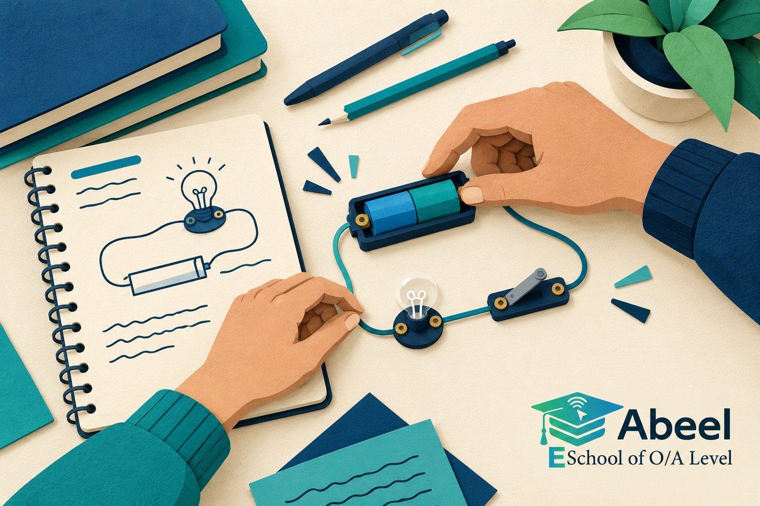 Paper-cut study illustration accompanying Online O and A Level classes in Wazirabad: Keep Circuit Quantities Separate