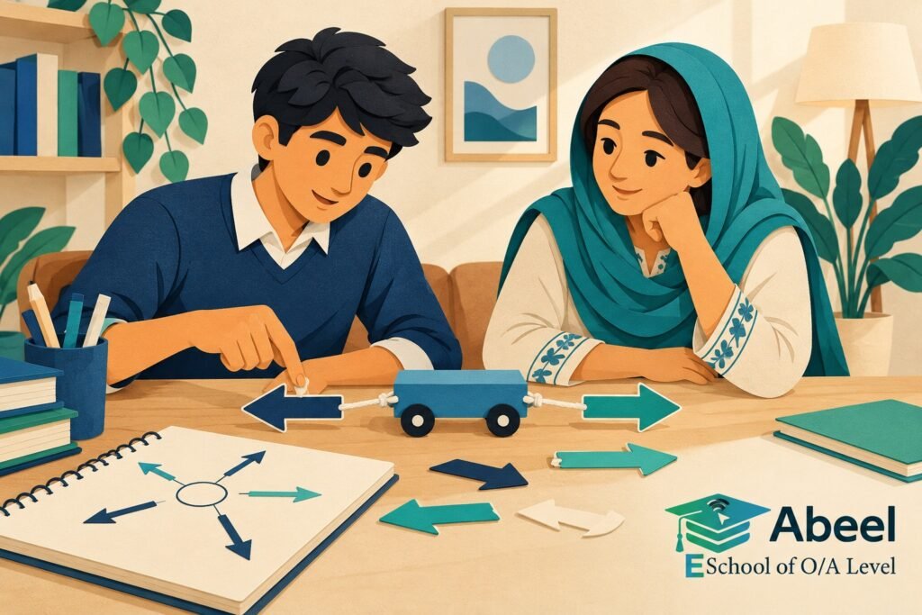 Paper-cut study illustration accompanying Online O and A Level classes in Talagang: Find the Resultant Before Calculating Acceleration