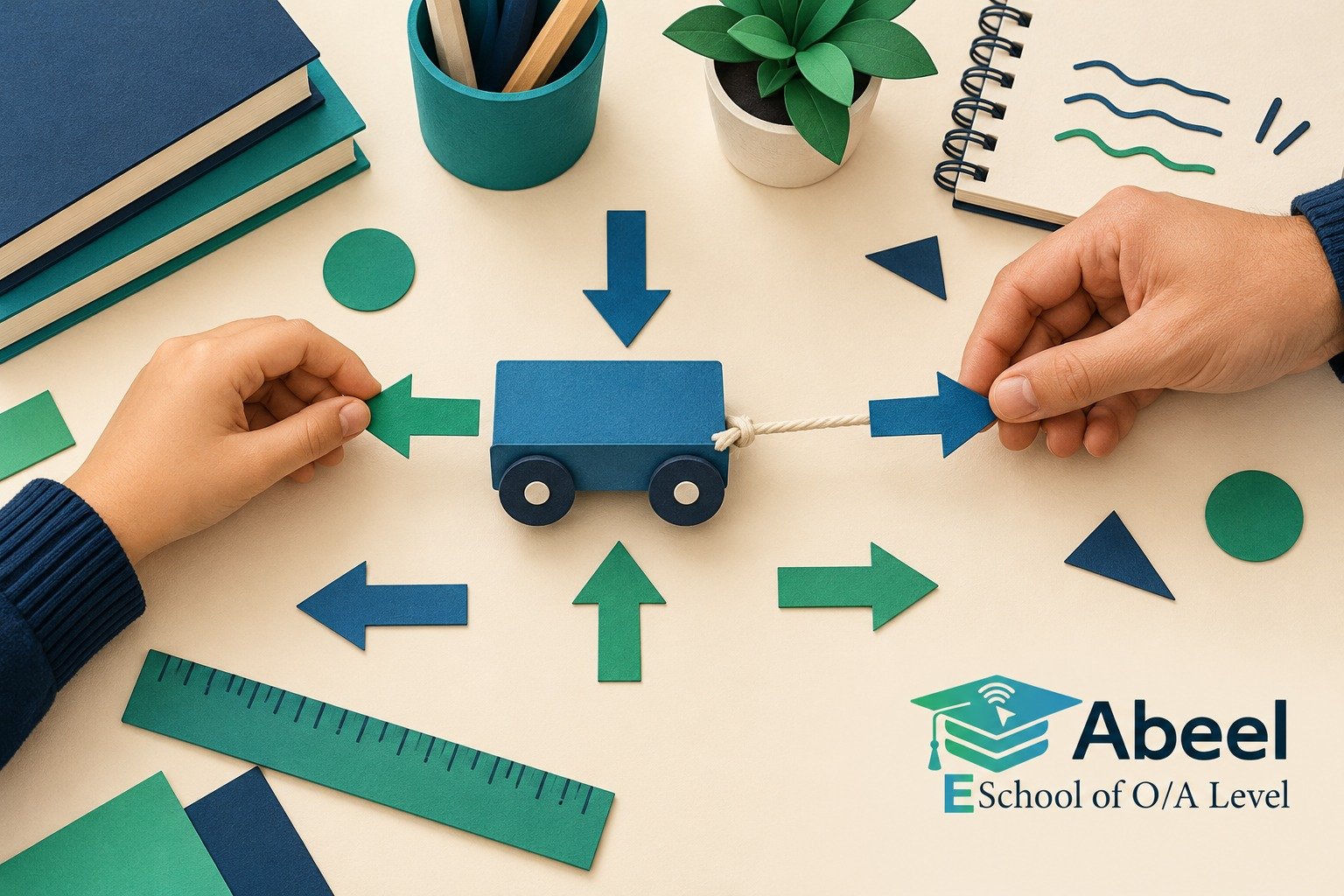 Paper-cut study illustration accompanying Online O and A Level classes in Talagang: Find the Resultant Before Calculating Acceleration