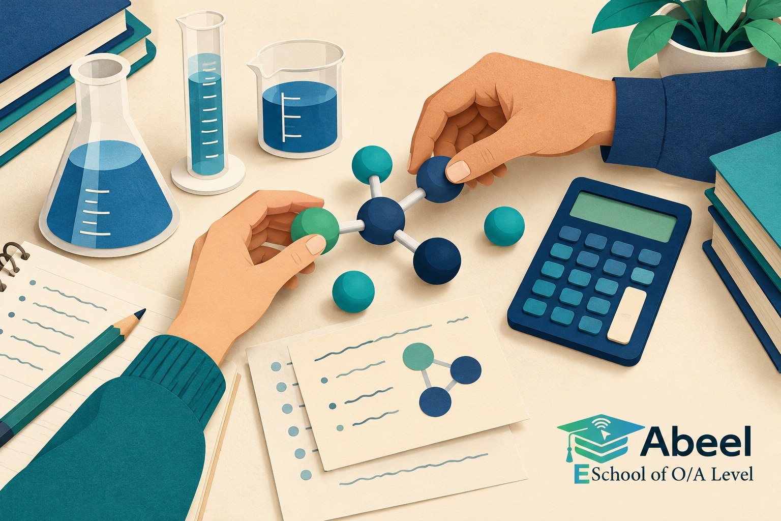 Paper-cut study illustration accompanying Online O and A Level classes in Mardan: Label Every Step from Mass to Amount