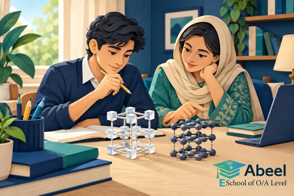 Paper-cut study illustration accompanying Online O and A Level classes in Mingora: Connect Structure to Forces and Charge Carriers