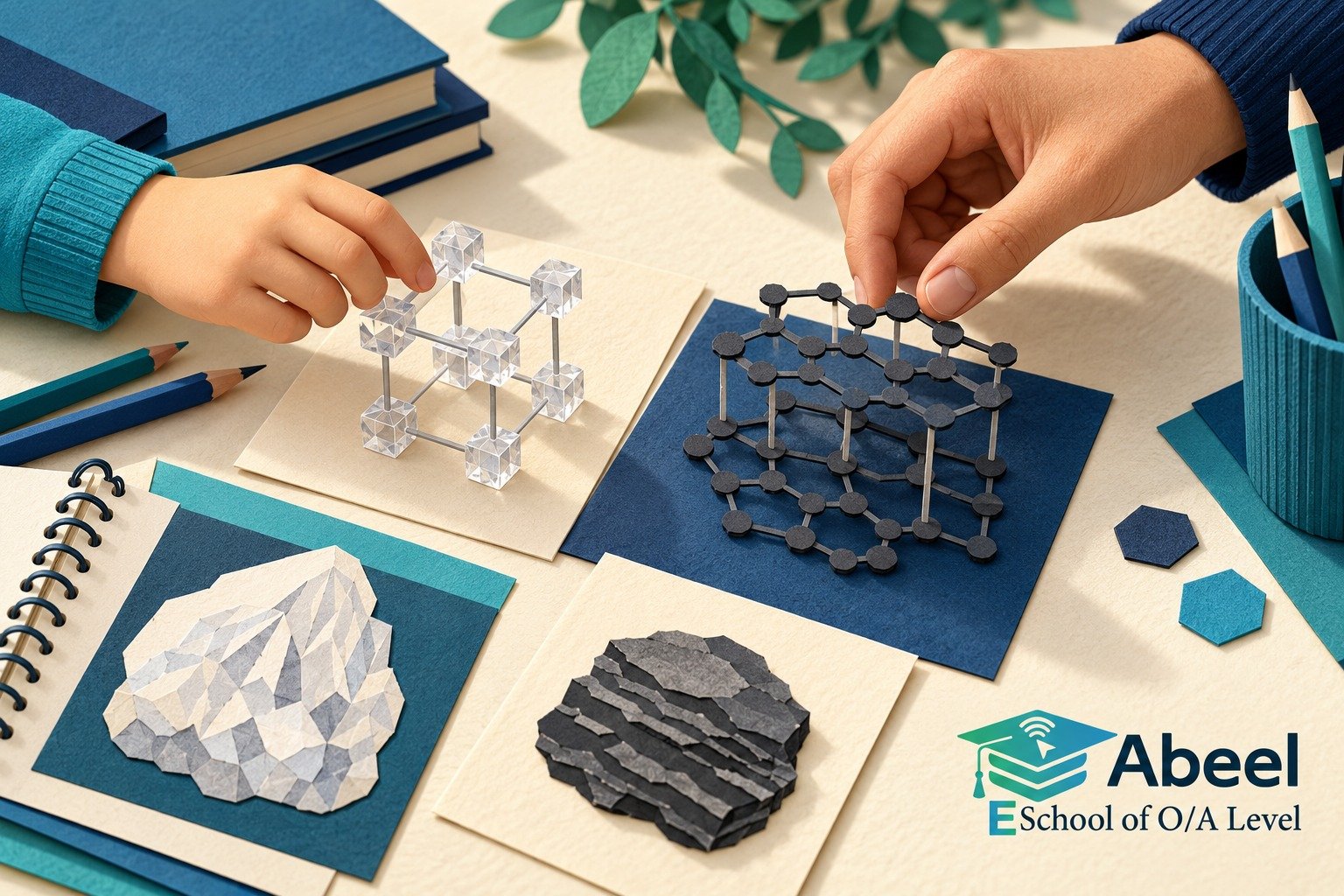 Paper-cut study illustration accompanying Online O and A Level classes in Mingora: Connect Structure to Forces and Charge Carriers