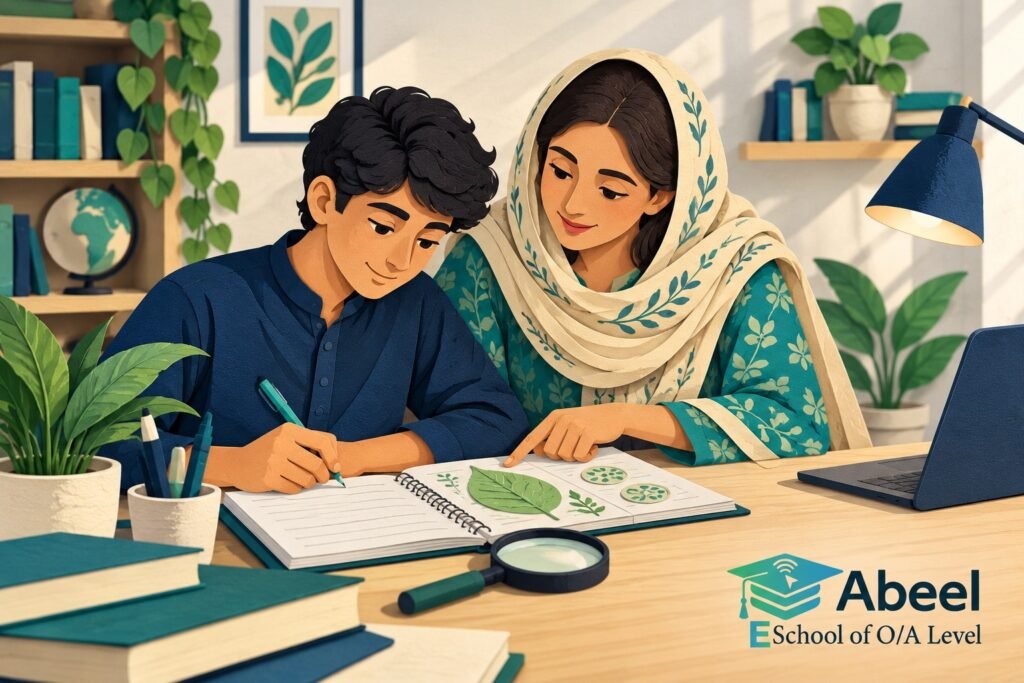 Paper-cut study illustration accompanying Online O and A Level classes in Kohat: Connect Conditions, Mechanism and Outcome
