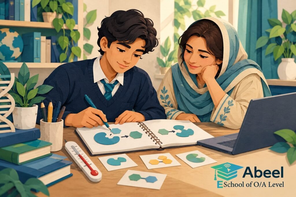 Paper-cut study illustration accompanying Online O and A Level classes in Abbottabad: Separate the Observed Pattern from Its Mechanism