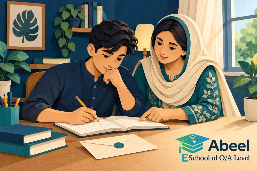 Paper-cut study illustration accompanying Online O and A Level classes in Mansehra: Support an Inference with a Specific Detail