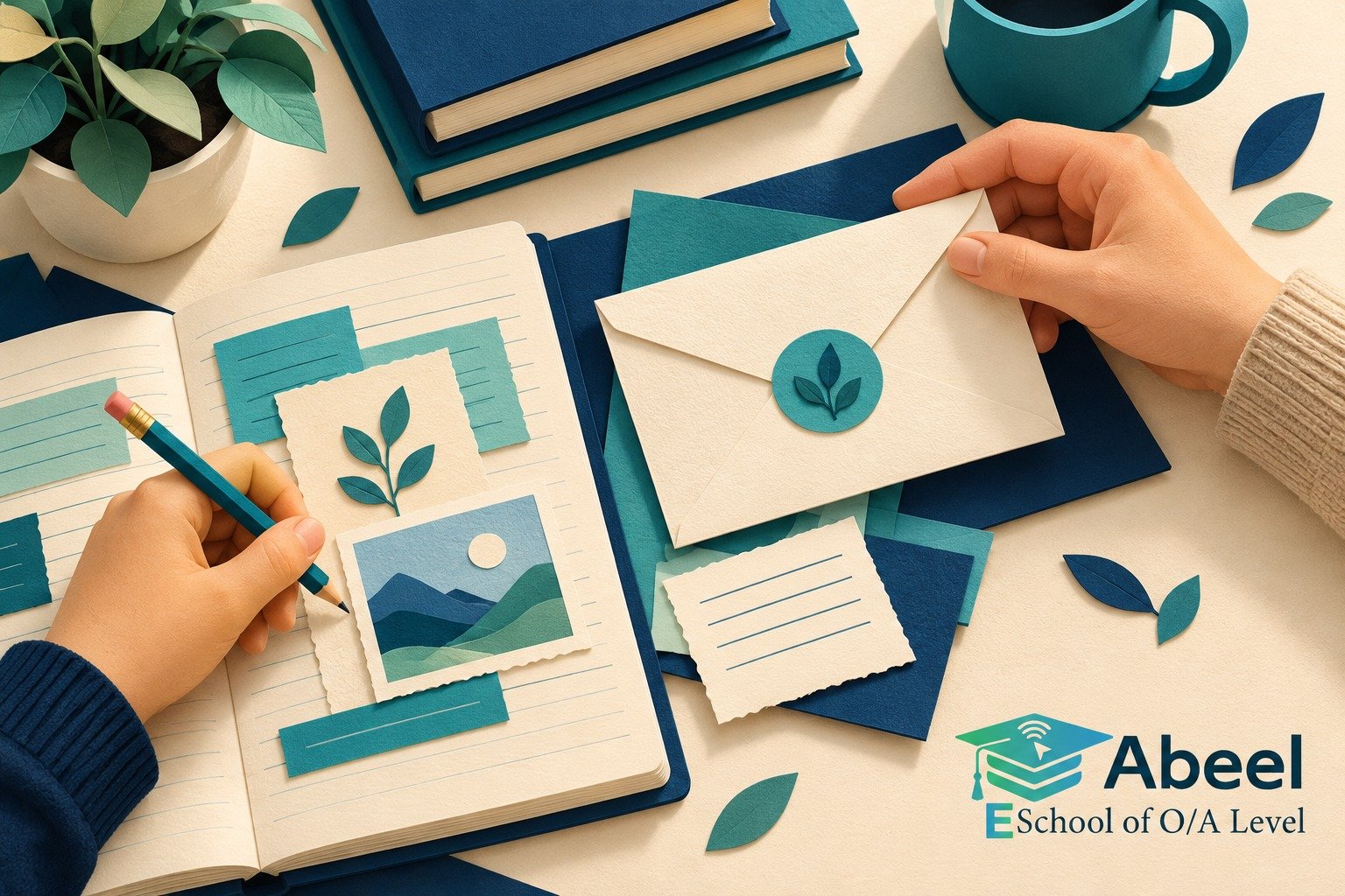 Paper-cut study illustration accompanying Online O and A Level classes in Mansehra: Support an Inference with a Specific Detail