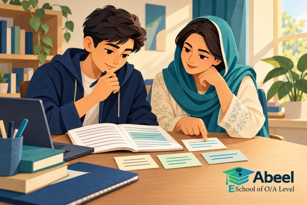 Paper-cut study illustration accompanying Online O and A Level classes in Swabi: Select Relevant Ideas Before Shortening Sentences