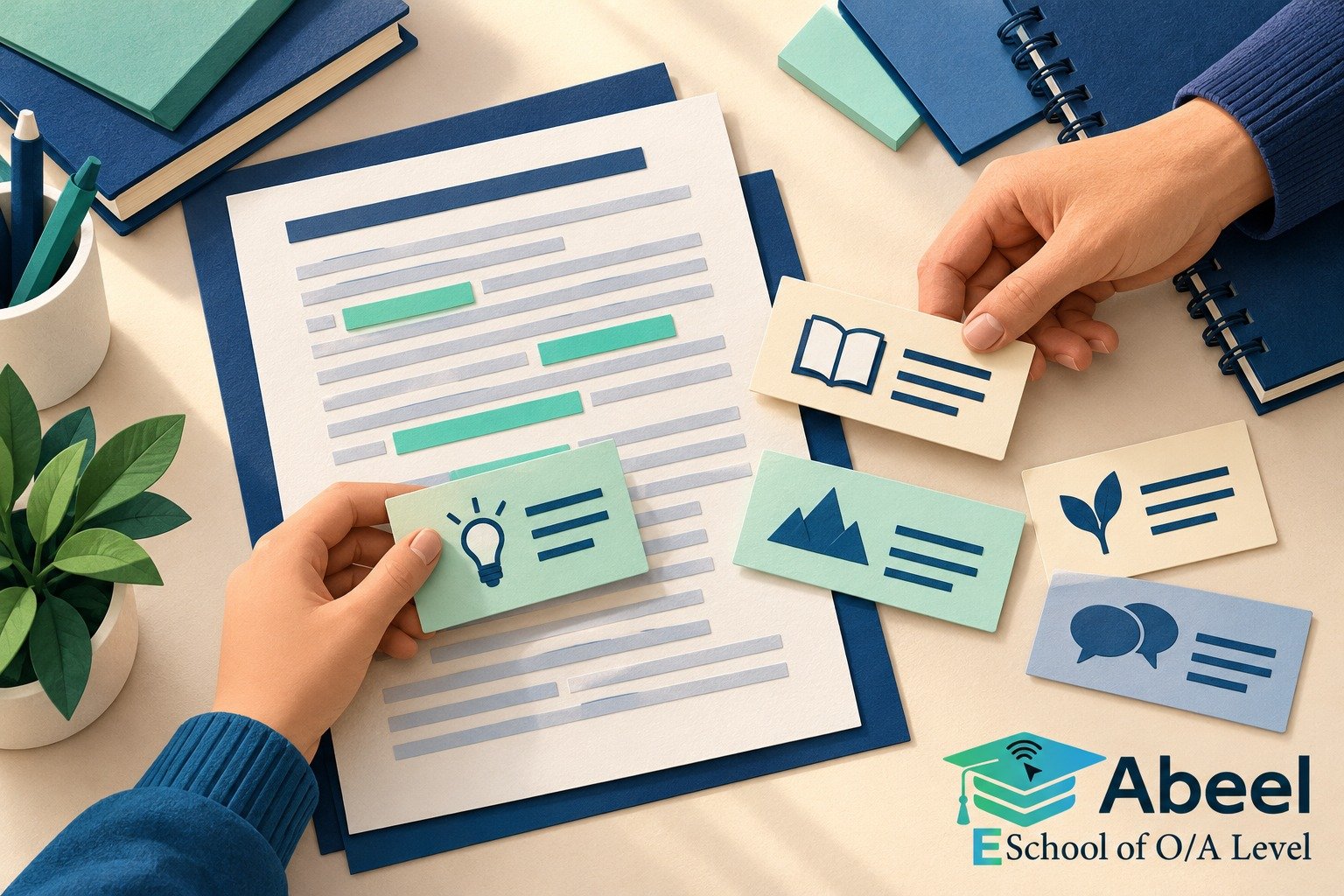 Paper-cut study illustration accompanying Online O and A Level classes in Swabi: Select Relevant Ideas Before Shortening Sentences