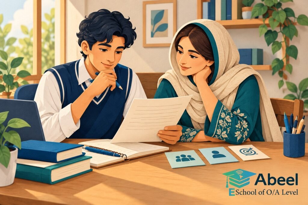 Paper-cut study illustration accompanying Online O and A Level classes in Nowshera: Plan Directed Writing Around the Reader