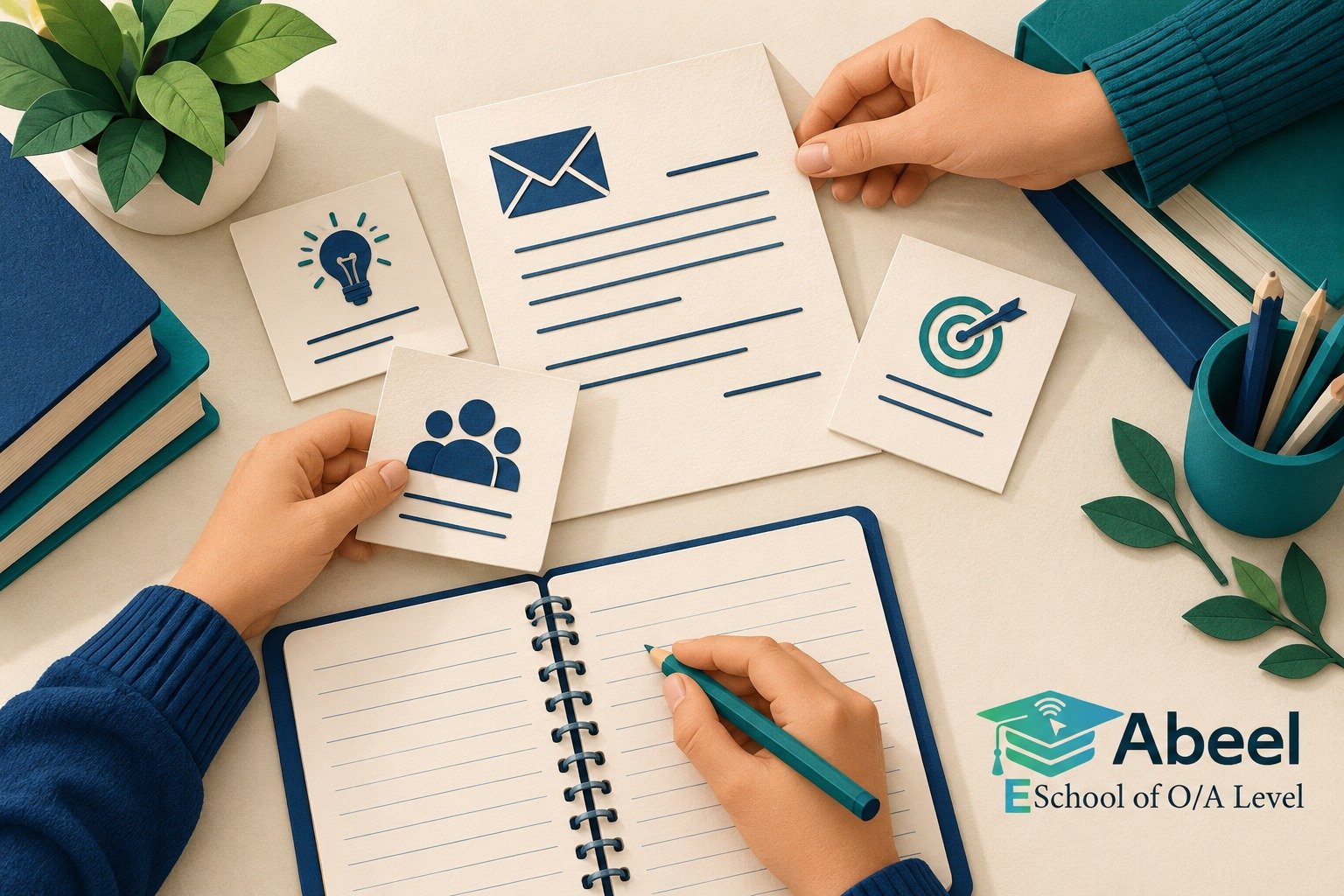 Paper-cut study illustration accompanying Online O and A Level classes in Nowshera: Plan Directed Writing Around the Reader