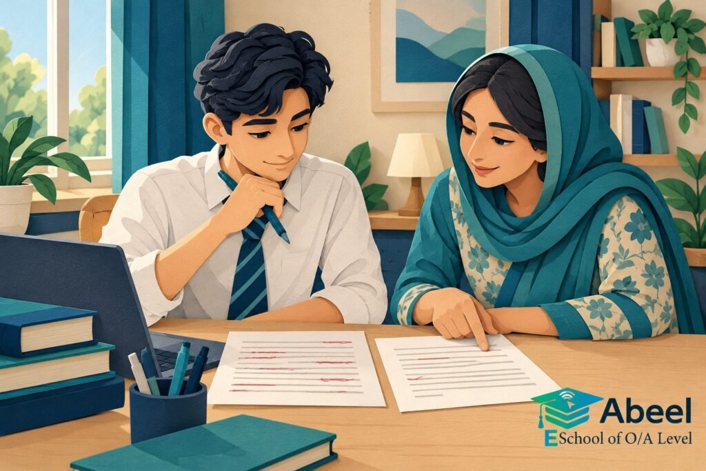 Paper-cut study illustration accompanying Online O and A Level classes in Charsadda: Justify Each Edit by Its Effect on the Reader