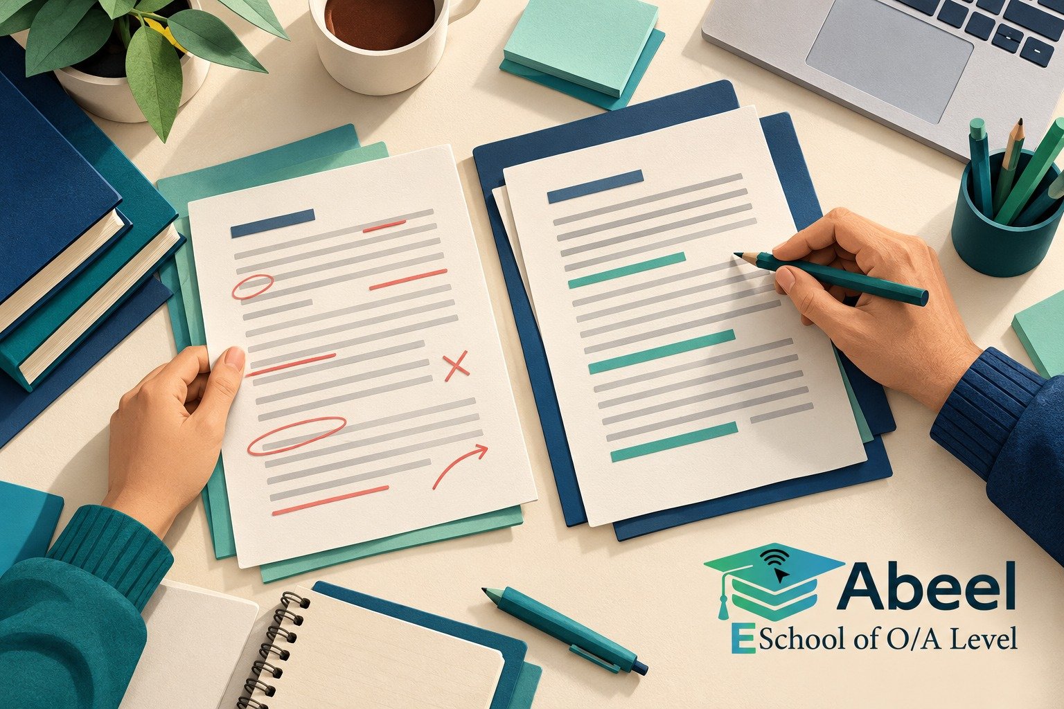 Paper-cut study illustration accompanying Online O and A Level classes in Charsadda: Justify Each Edit by Its Effect on the Reader