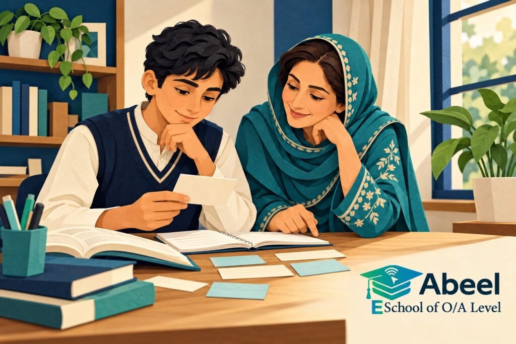 Paper-cut study illustration accompanying Online O and A Level classes in Bannu: Turn Vocabulary Recall into Sentence Use