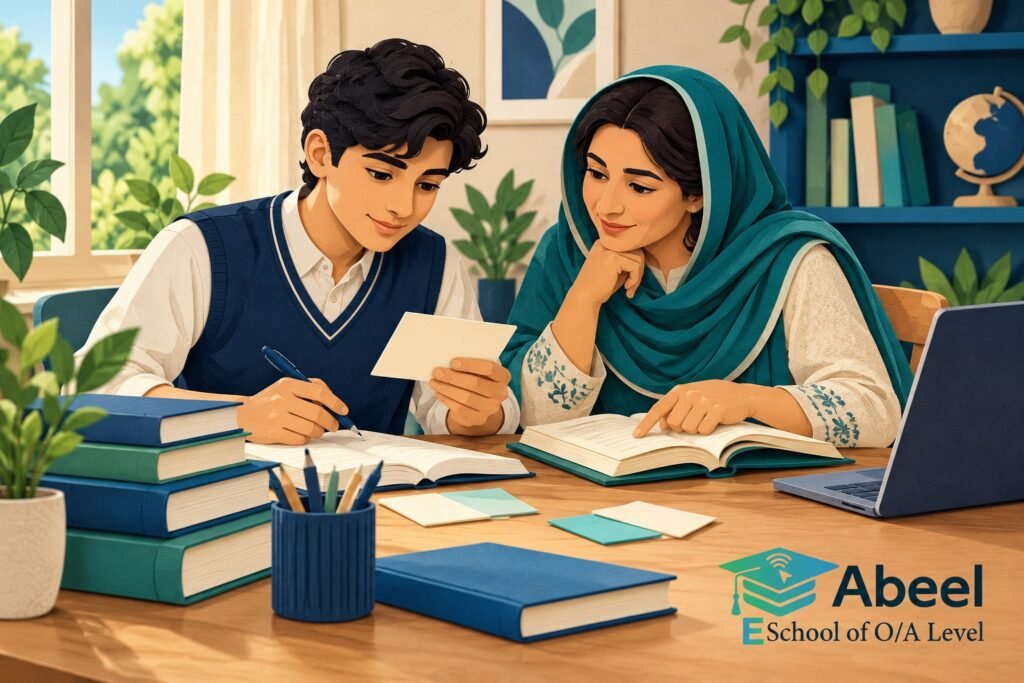 Paper-cut study illustration accompanying Online O and A Level classes in Dera Ismail Khan: Select Relevant Knowledge for an Islamiyat Answer