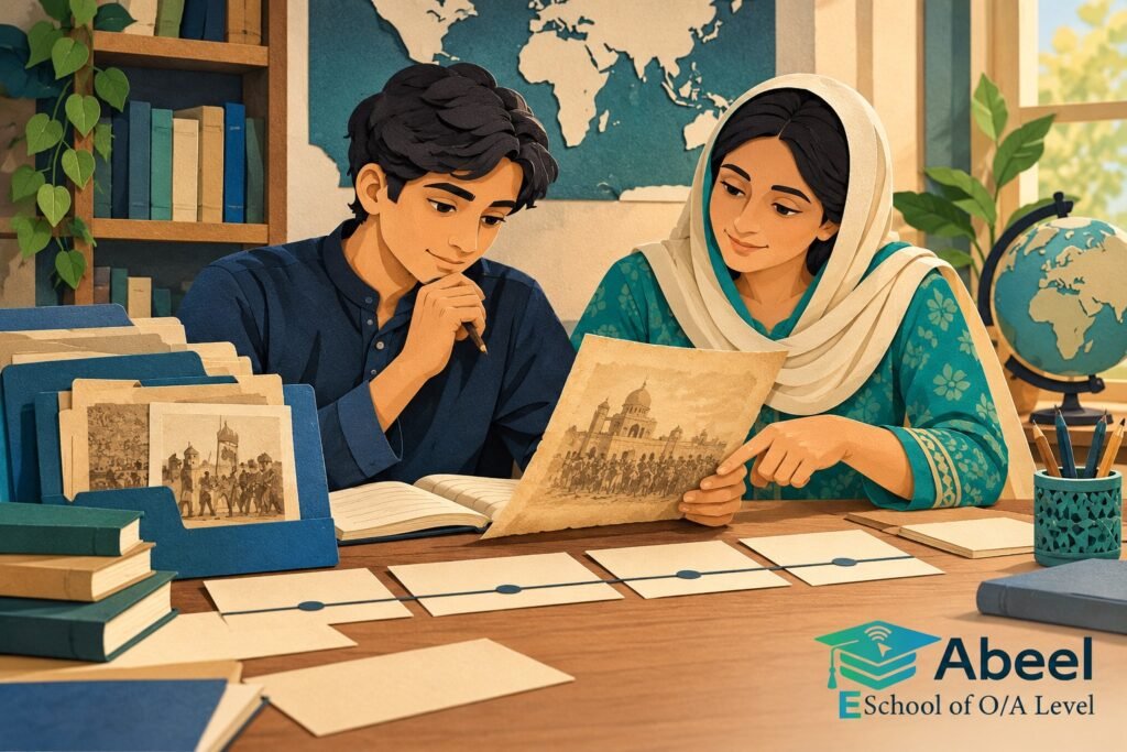 Paper-cut study illustration accompanying Online O and A Level classes in Haripur: Explain a Cause Beyond the Sequence of Events