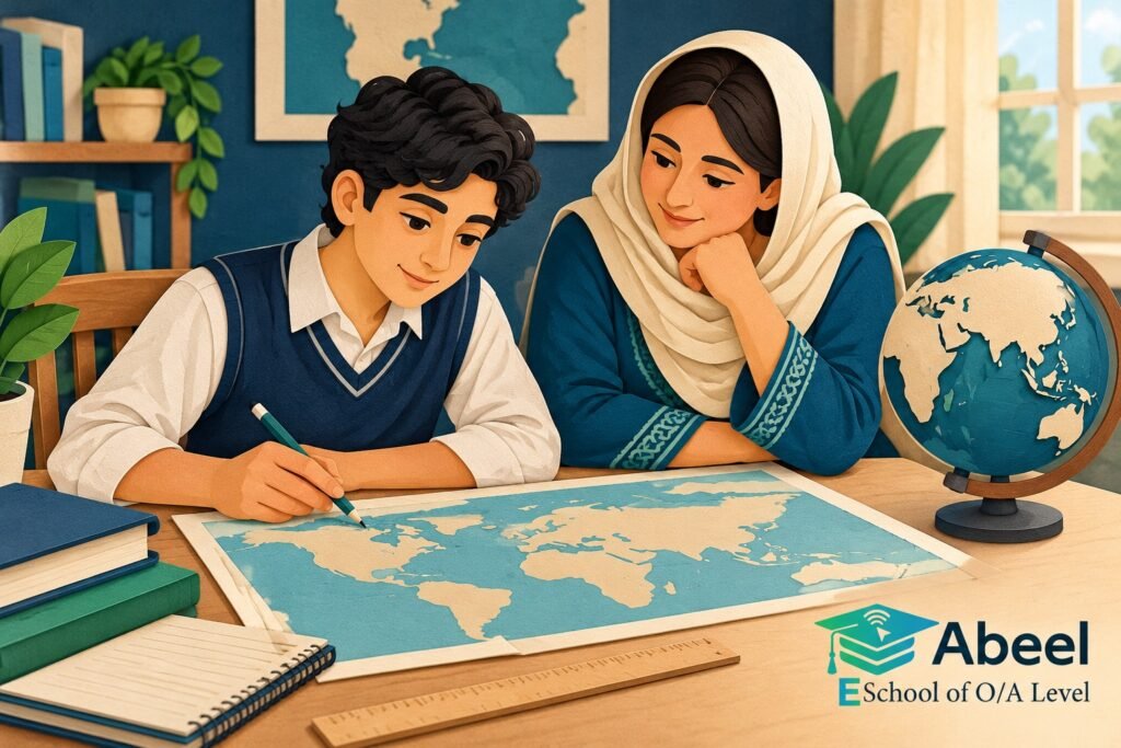 Paper-cut study illustration accompanying Online O and A Level classes in Timergara: Read the Resource Before Explaining the Pattern