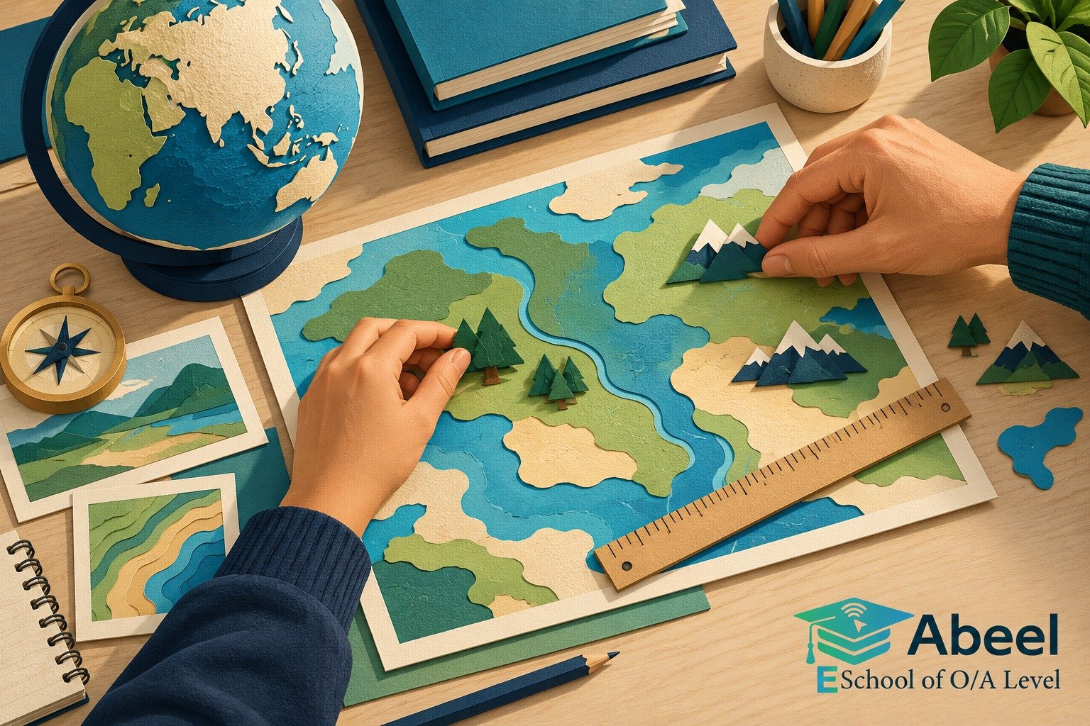 Paper-cut study illustration accompanying Online O and A Level classes in Timergara: Read the Resource Before Explaining the Pattern