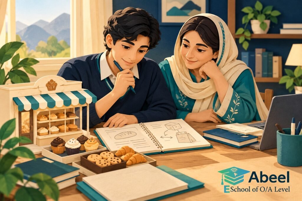 Paper-cut study illustration accompanying Online O and A Level classes in Chitral: Make Each Business Point Use the Case Facts