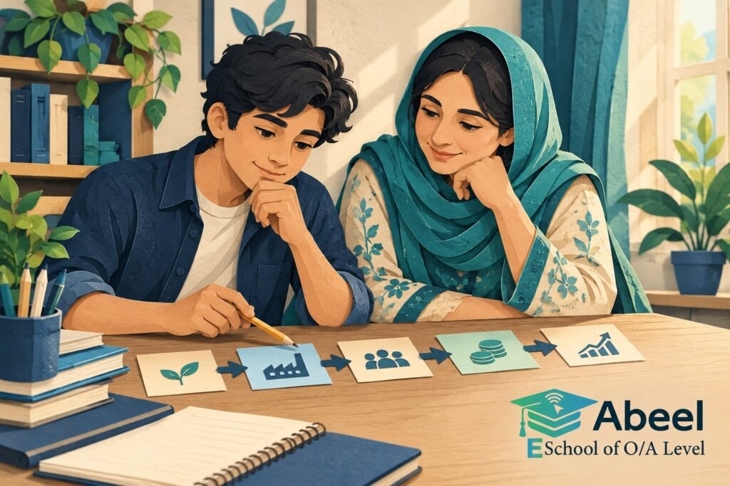 Paper-cut study illustration accompanying Online O and A Level classes in Turbat: Make Every Economic Link Earn the Next Step